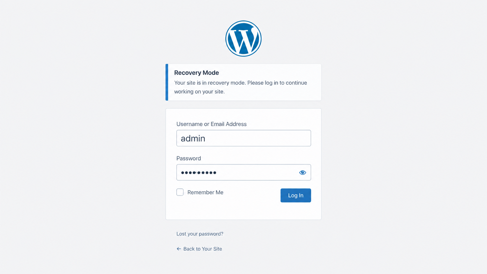WordPress login page displaying Recovery Mode Initialized above the login form.