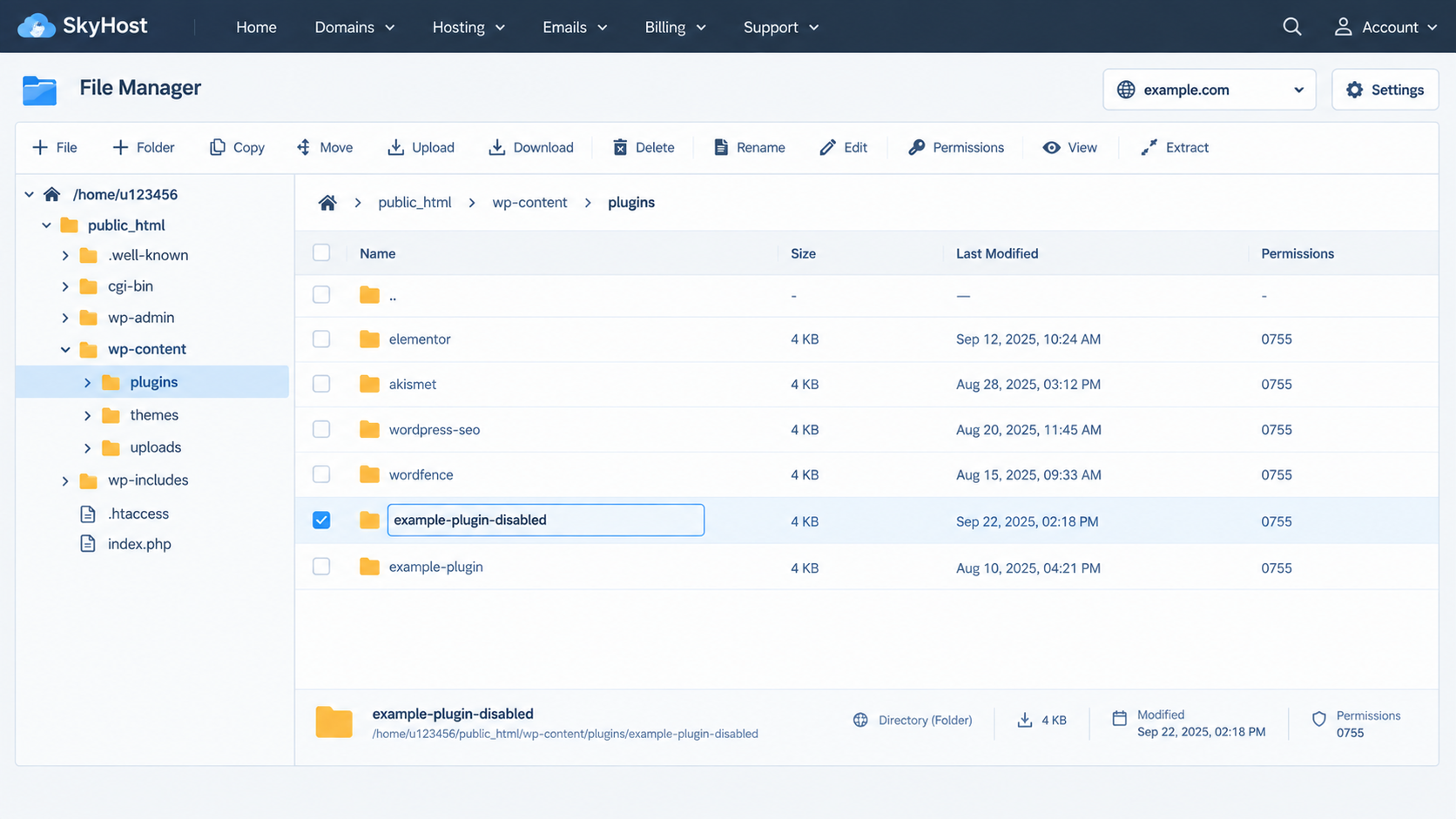 Hosting file manager rename dialog adding -disabled to the identified WordPress plugin folder.