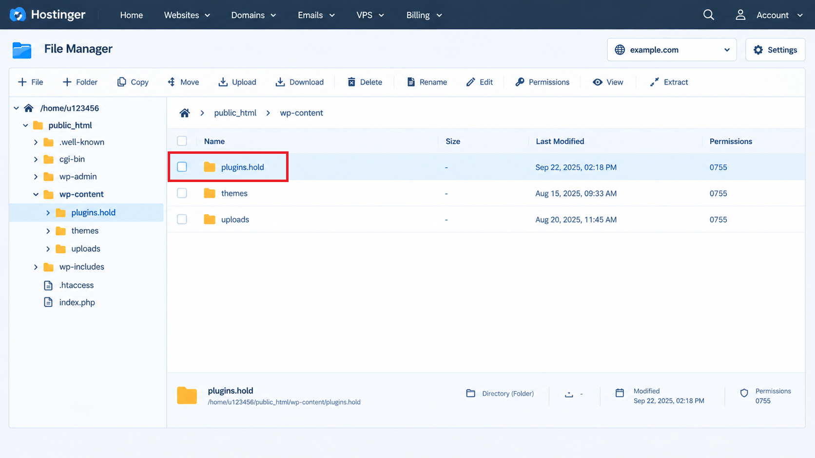 Hosting file manager renaming wp-content plugins to plugins.hold for a controlled plugin isolation test.