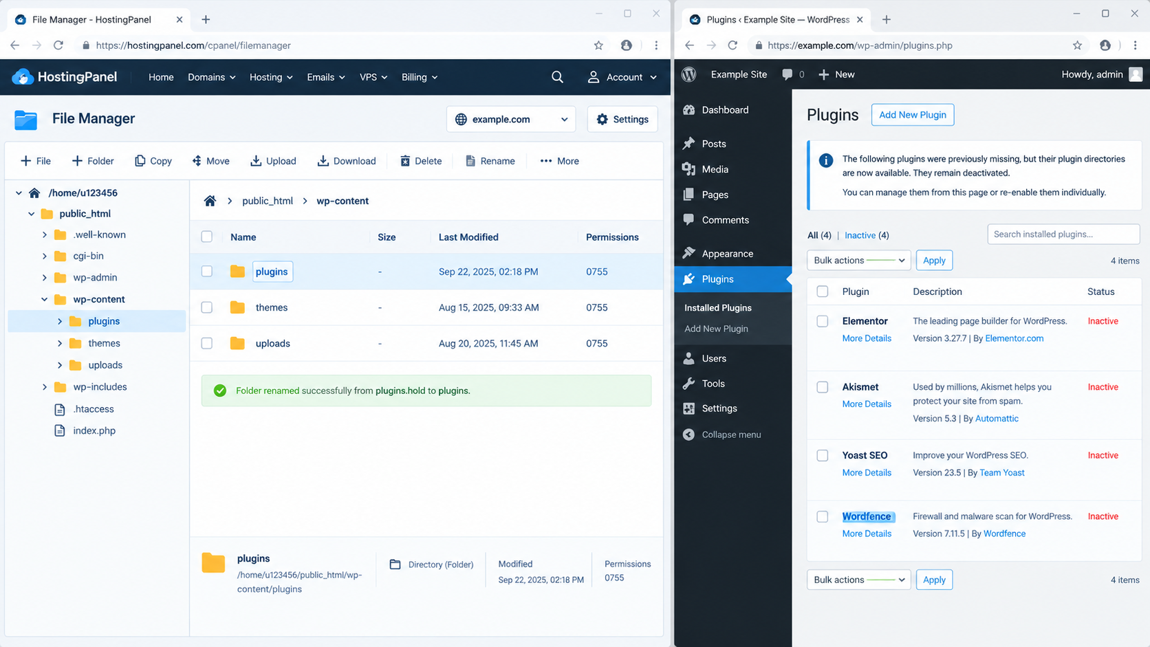 Hosting file manager changing plugins.hold back to plugins after WordPress has recorded deactivation.