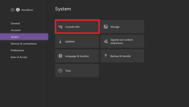 Xbox System Console info screen with Reset console selected.