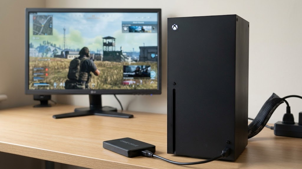 A USB game storage drive disconnected from a fully shut-down Xbox console.