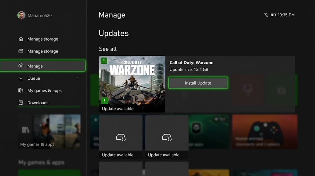 Xbox My games and apps Manage screen showing the Updates list.