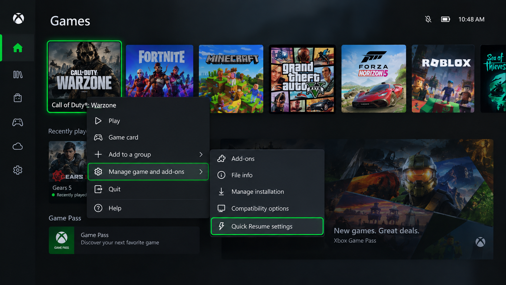 Xbox Manage game and add-ons screen with Quick Resume settings available.