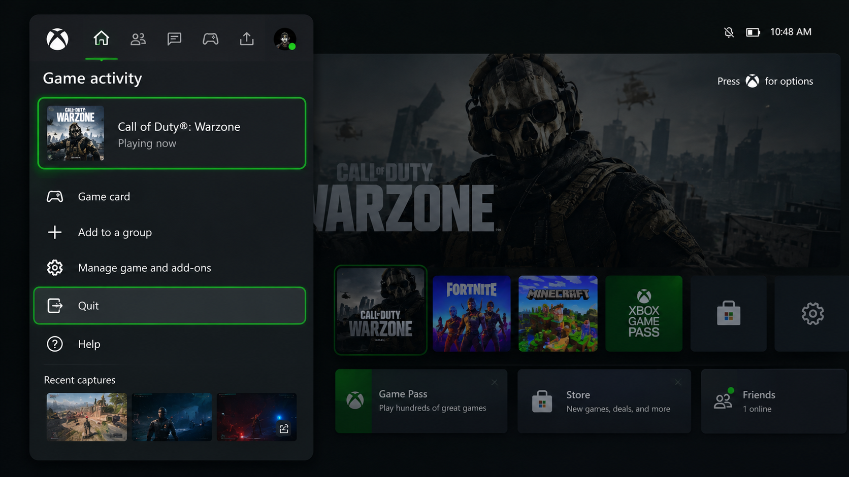 Xbox guide showing Quit in the highlighted game's menu.