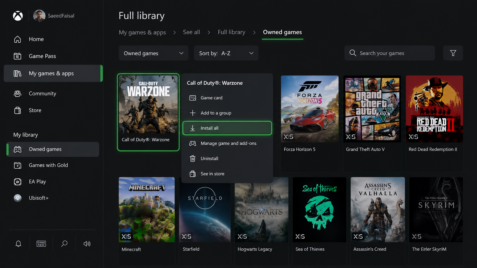 Xbox Full library Owned games screen with the affected title ready to install.