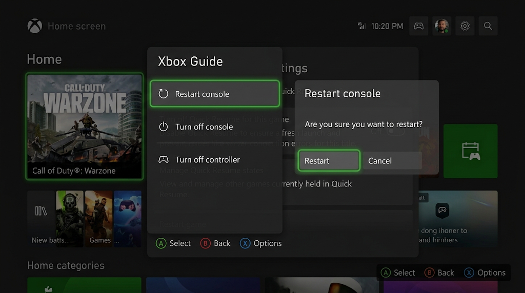 Xbox controller power menu with Restart console selected.