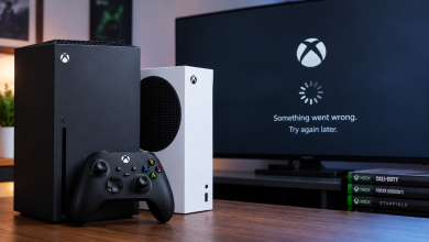 An Xbox Series X or S game frozen during play with the Xbox guide open.