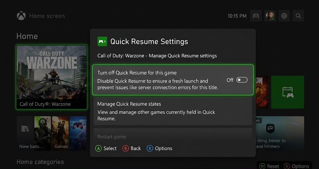 Xbox Quick Resume settings showing the feature disabled for the selected game.