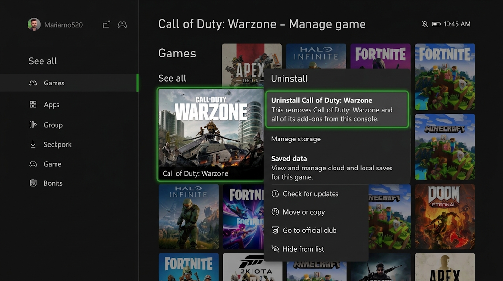 Xbox game menu showing Uninstall for the selected title.